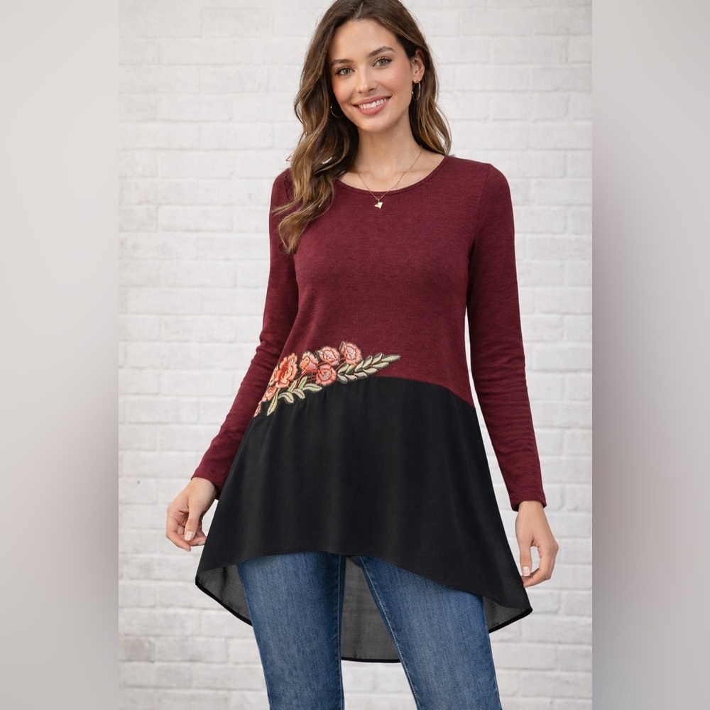 I.N. Studio Petite PM Burgundy Black High-Low Tunic Top Floral Long Sleeve